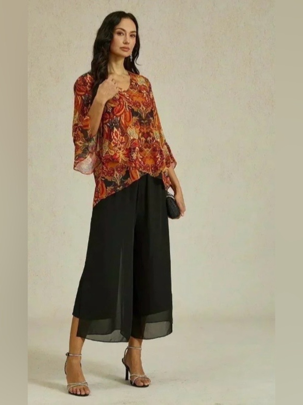 Cropped Length Straight Leg Pant With Chiffon Split Leg Overlay BLACK & NAVY - Picture 2 of 7